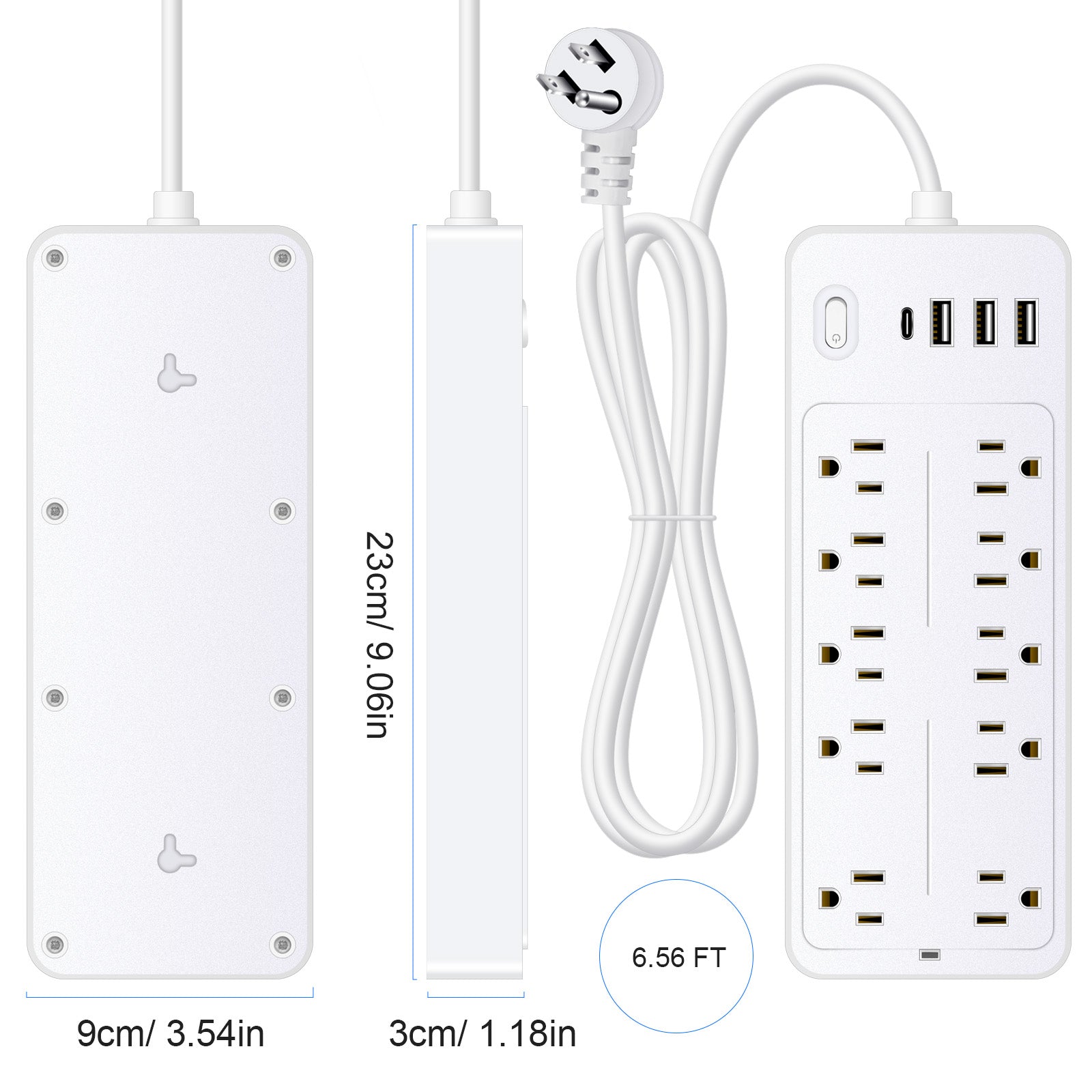 6 FT Surge Protector Power Strip, 10 Outlets 4 USB Ports(1 USB‑C), 14‑in‑1 Long Extension Cord, Flat Plug, 1700J, 1625W/13A, White