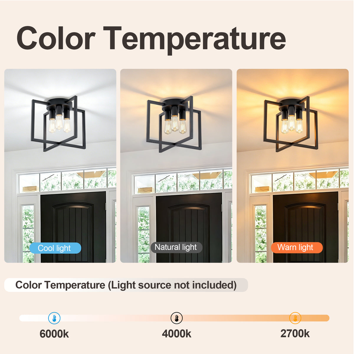 3-Light Semi Flush Mount Ceiling Light, Industrial Black Metal Geometric Square Cage Chandelier, Farmhouse Ceiling Lamp for Bedroom Living Room Hallway Entryway Home Decor