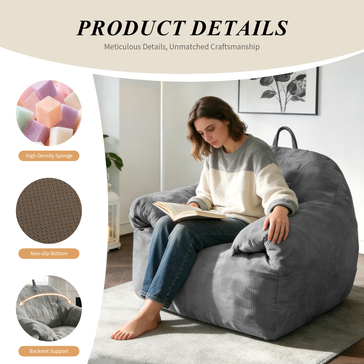 AEELLEEA 44.5" Oversized Bean Bag Chair, Corduroy Lounge Sofa with Armrests, High-Density Foam, Gray