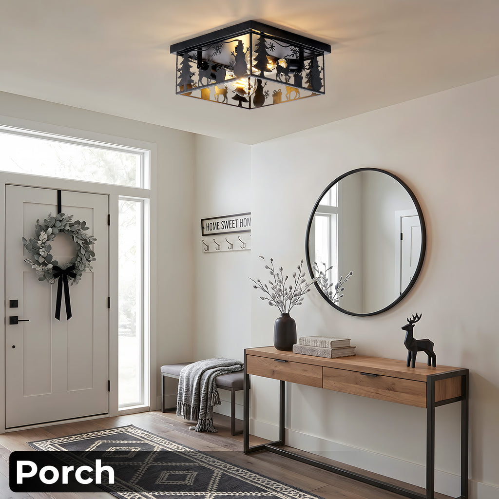 2 Pack Matte Black Square Flush Mount Ceiling Light, Christmas Snowman Deer Tree Cutout Iron Lamp, Vintage E26 Ceiling Light for Bedroom Hallway