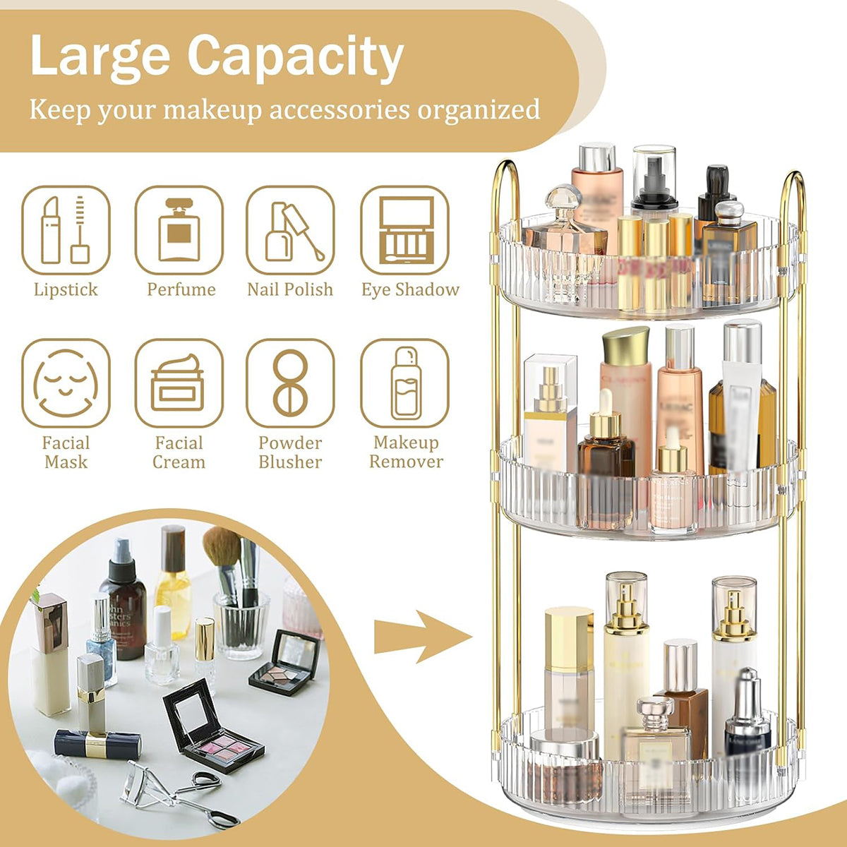 360 Rotating Lazy Susan Makeup Organizer, 3 Tiers Clear White High Capacity Cosmetic Storage for Vanity, Bathroom Countertop, Dresser, Skincare & Perfume Holder