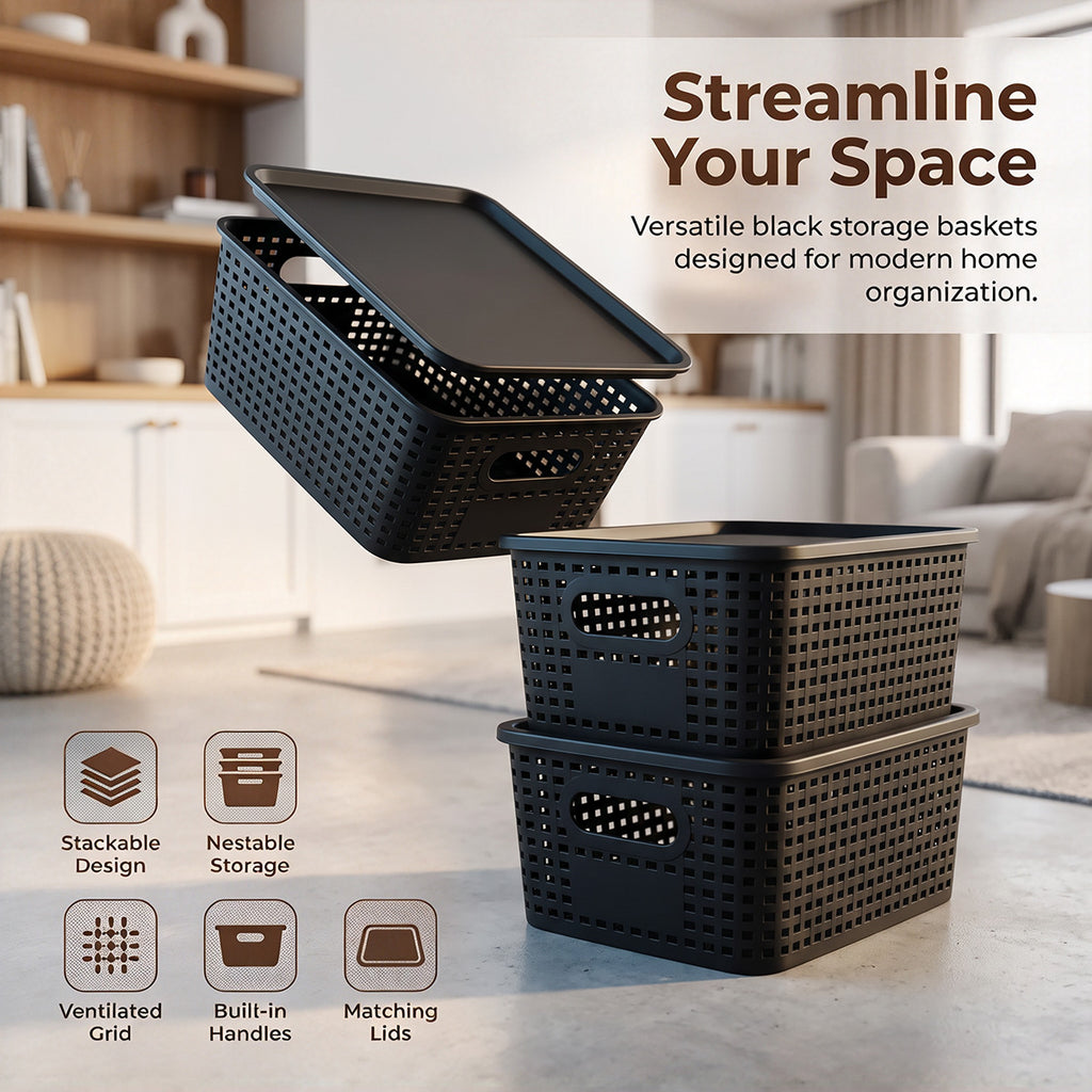 4-Pack Plastic Storage Bins with Lids, Stackable Storage Baskets for Shelves, Drawers, Closets, Playrooms, Classrooms and Offices