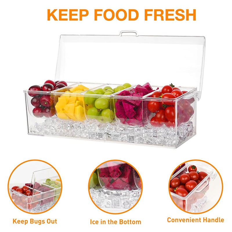 Chilled Condiment Server, condiment tray, bar garnish holder on ice, removable trays, with lid, stainless steel spoons forks clip, bar accessories, fruit salad storage