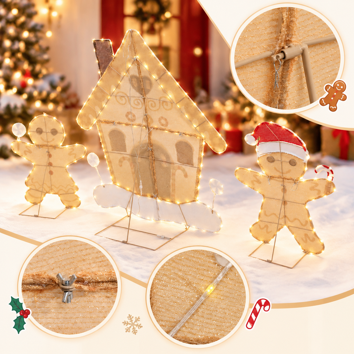 50" H 2D Gingerbread House Lighted Christmas Yard Decorations Set of 3 with 180 LED Lights