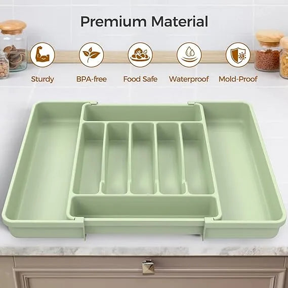 AEELLEEA Expandable Silverware Organizer Tray, Green Adjustable Kitchen Drawer Utensil Holder for Flatware