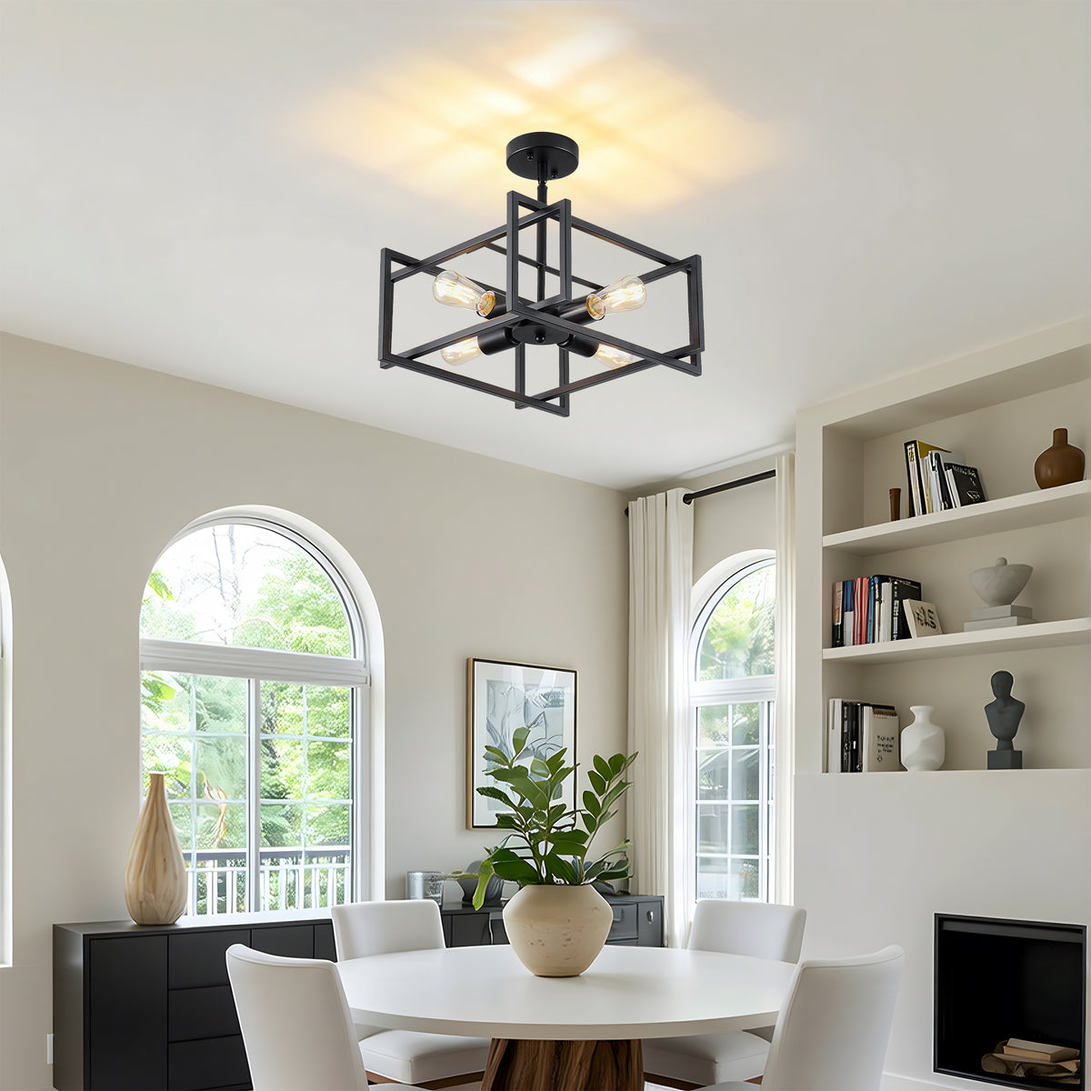 4-Light Semi Flush Mount Ceiling Light, Industrial Black Metal Square Cage Chandelier, Farmhouse Geometric Ceiling Lamp for Bedroom Living Room Hallway Entryway Home Decor