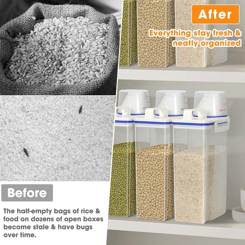Airtight Cereal Containers Set of 4, 2.5L Plastic Food Storage Containers with Dispenser & Measuring Cup, Leakproof Canisters for Rice Flour Grain Oatmeal, Dry Pantry & Pet Cat Dog Food