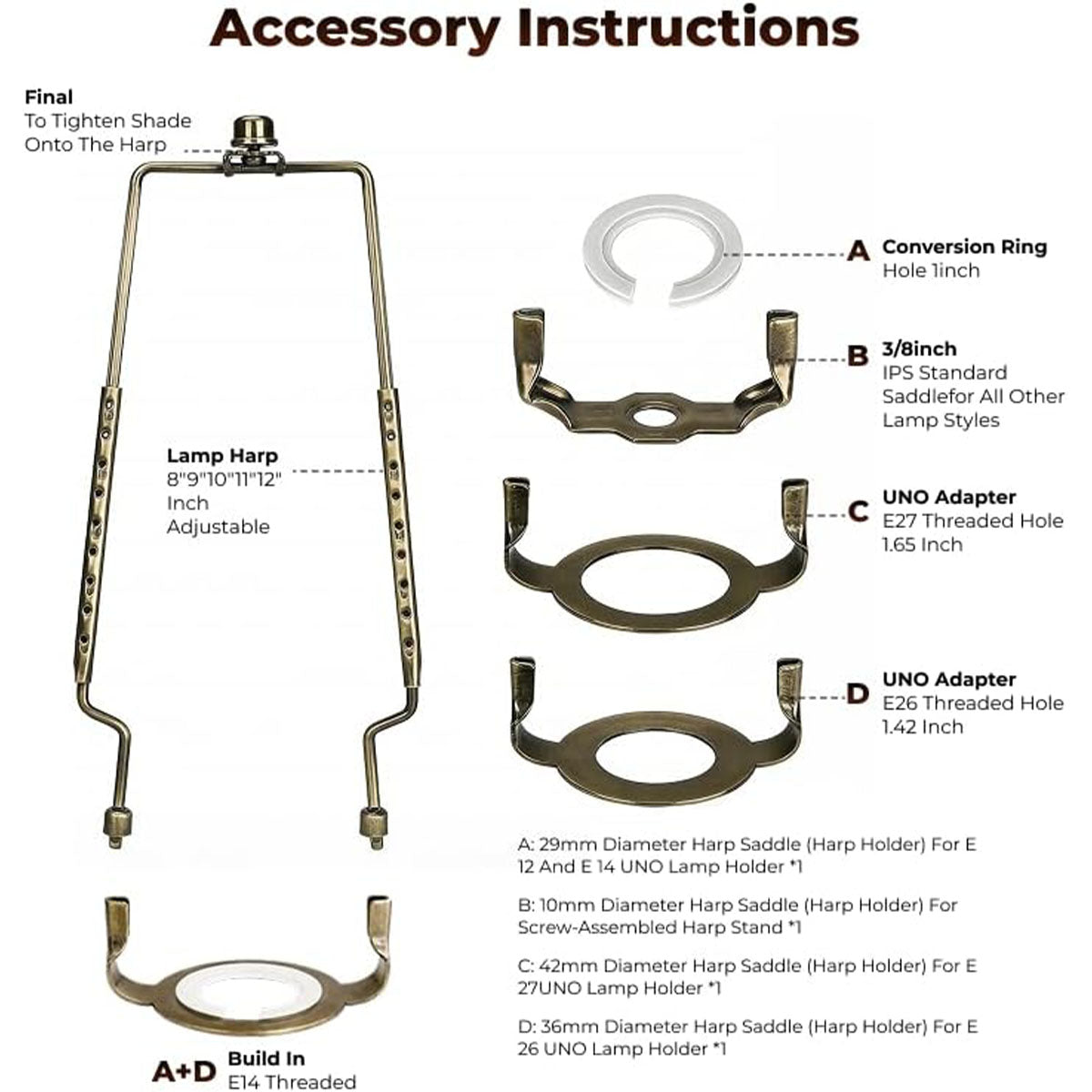 ALUCSET Adjustable Lamp Harp Holder, 8-12 Inch Lampshade Bracket Kit with UNO Fitter Adapter, Compatible with E14 E26 E27 Lamp Base and Standard Lamp Rod