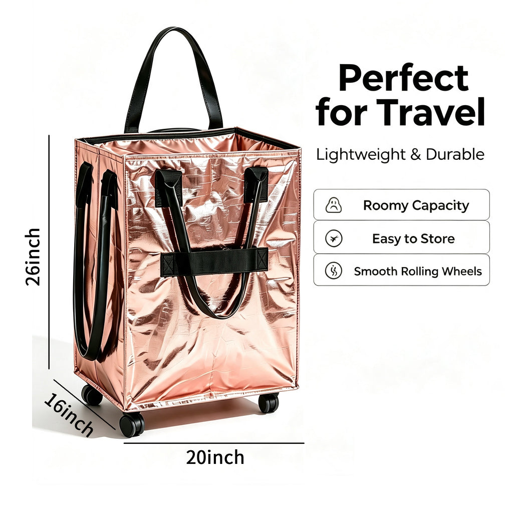 Large L‑Size Foldable Rolling Tote Bag 26"×20"×16", 5‑Wheel Base Wheeled Utility Cart, Water Resistant Rolling Laundry Basket, Portable Grocery & Storage Tote for Home, Dorm, Camping Travel