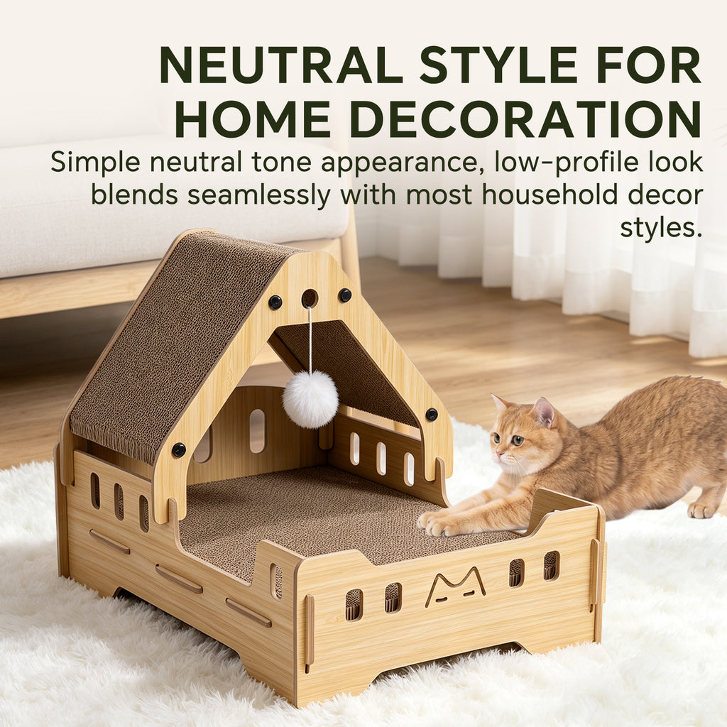 Cat Scratcher Bed, 3‑In‑1 Vertical Curved Cat Scratch Pad With Solid Wood Frame & Hanging Pom‑Pom Toy For Indoor Cats