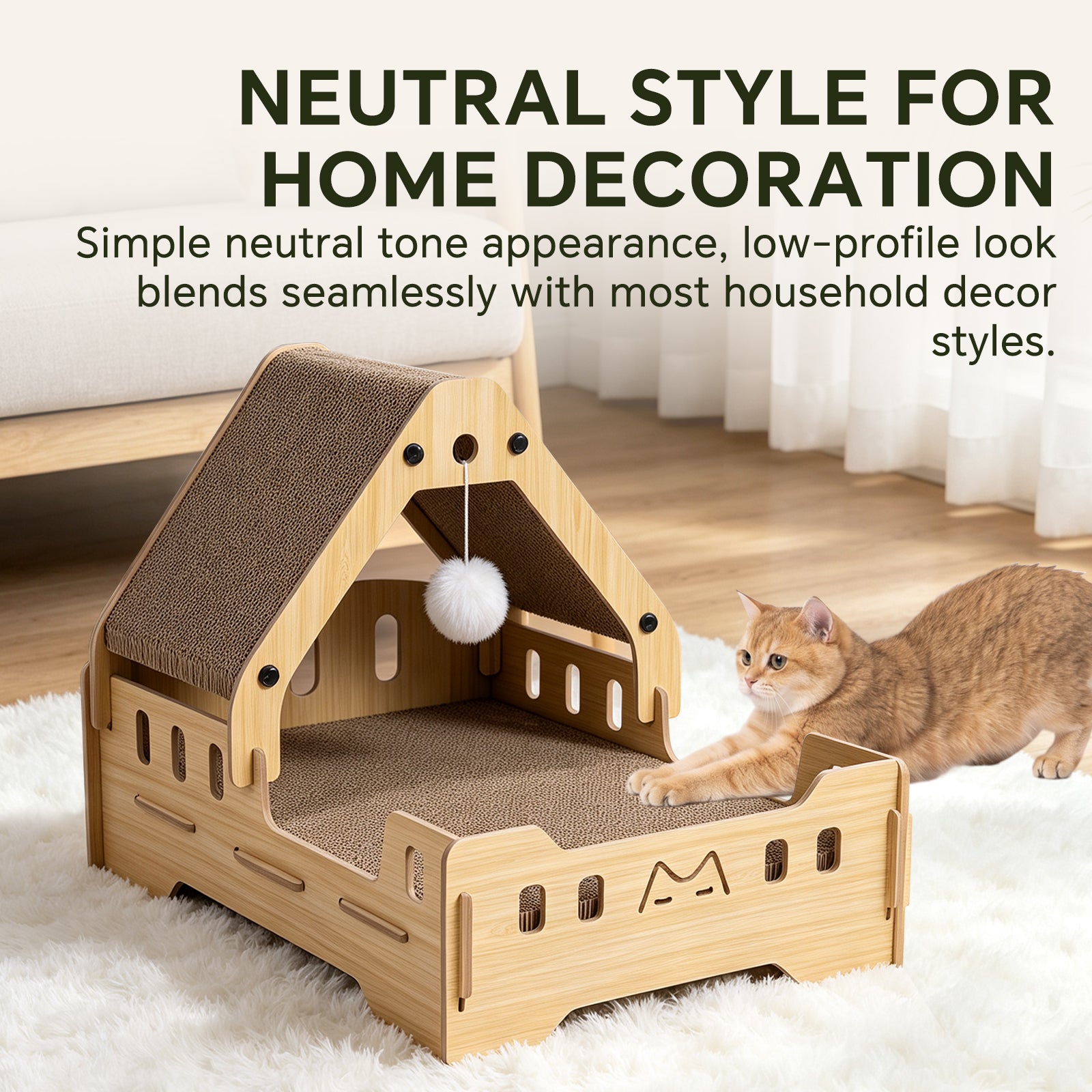 Cat Scratcher Bed, 3‑In‑1 Vertical Curved Cat Scratch Pad With Solid Wood Frame & Hanging Pom‑Pom Toy For Indoor Cats