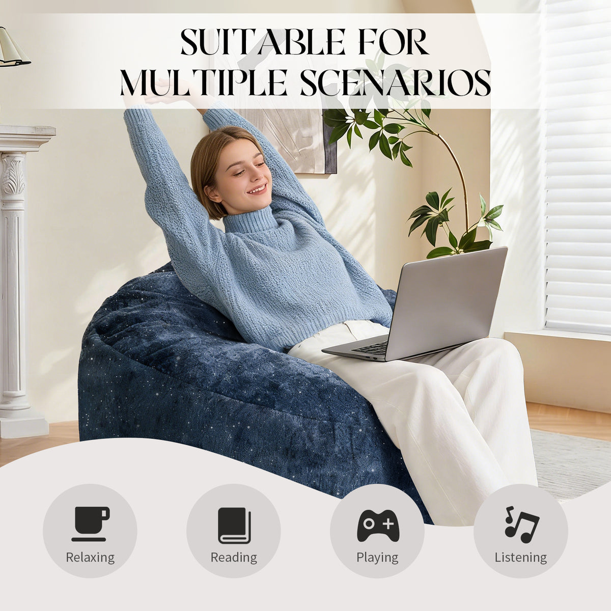 AEELLEEA Sparkling Snow Neil Round Bean Bag Chair, High Density Sponge Beanbag with Non-Slip Base for Home Relax