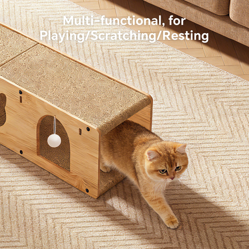 Cat Scratcher for Indoor Cats, L-Shaped Cat Scratching Pad with Tunnel, Interactive Cat Toy, Scratch Board for Furniture Protection