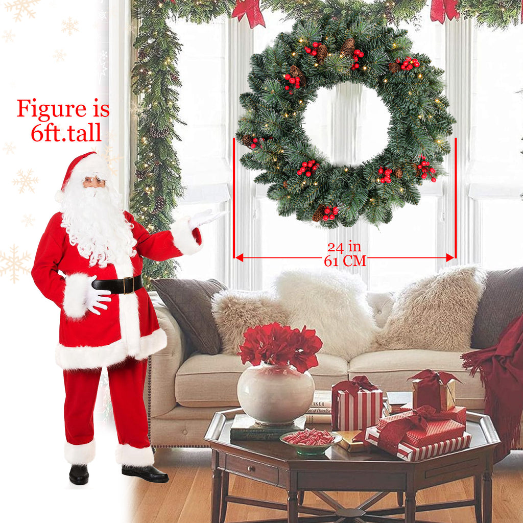 25" Pre-Lit Christmas Wreath with 70 Warm White LED Lights, Battery Operated Pine Needle Wreath with Berries & Pine Cones for Front Door.