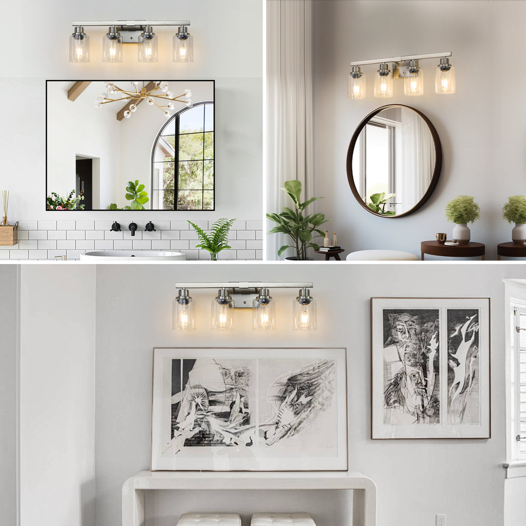 4-Light Vanity Makeup Mirror Lamp, Satin Nickel Iron Base & Lamp Cup Connector, Clear Glass Lampshade, Wall Mounted Makeup Light for Dressing Table, Bedroom & Bathroom Home Decor