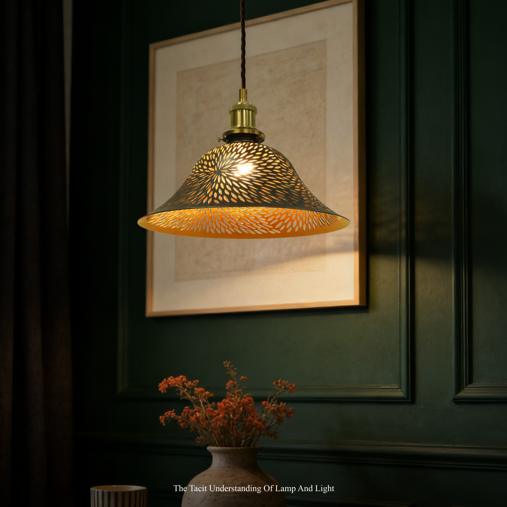 Vintage Cutout Metal Pendant Light, Gold Interior Laser Engraved Hanging Lamp for Kitchen Island Dining Room