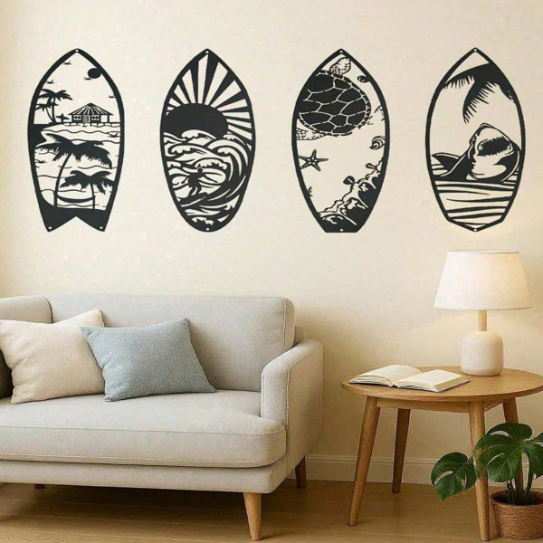 AEELLEEA-4Pcs Metal Surfboard Wall Art, Coastal Beach Nautical Iron Surfboard Hanging Decor for Living Room Bedroom Bathroom