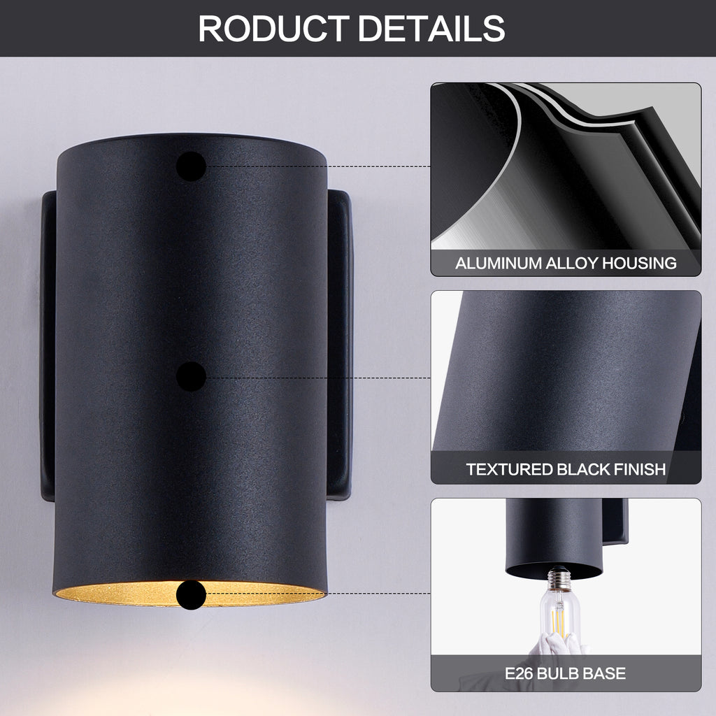 2 Pack Black Cylinder Downlight Wall Sconce, Aluminum Hardwired Wall Mount Light Fixture, Modern Single Direction Outdoor Wall Lamp