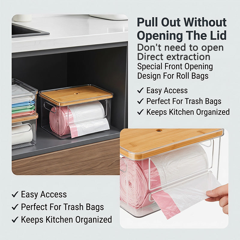Stackable Storage Organizer with Bamboo Top, Extra Large Trash Bag Dispenser, Garbage Bag Holder, Under Sink Organizer, Pantry and Laundry Room Storage