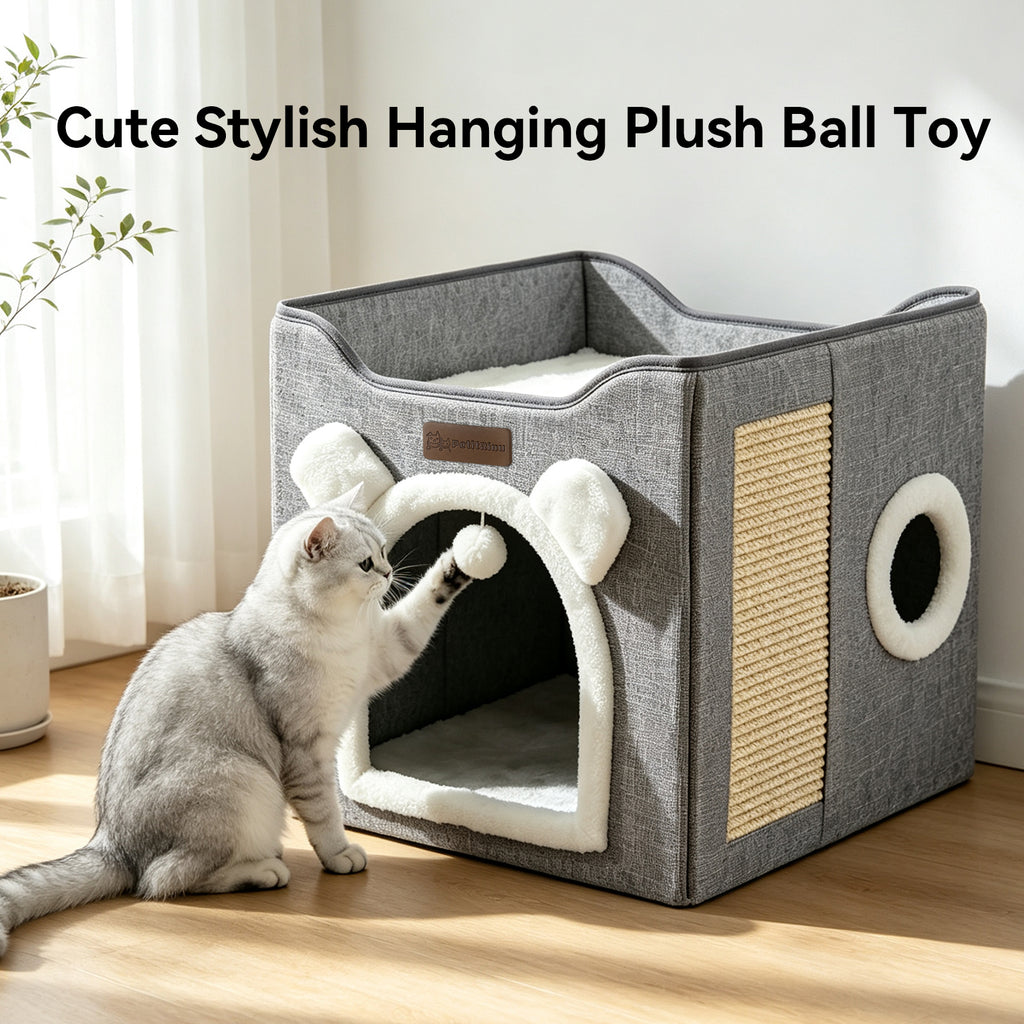 3-in-1 Foldable Cat House with Sisal Scratch Pad & Hanging Toy, Enclosed Cat Cave Bed and Elevated Cat Condo for Indoor Cats