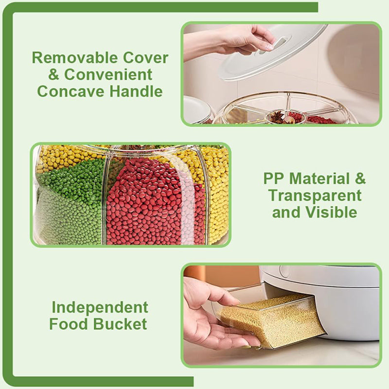 Rotating Rice Dispenser, 6-Grid Cereal Dispenser and Grain Storage Bin, One-Click Dispensing Food Storage Container, Airtight Moisture-Proof Organizer, Small