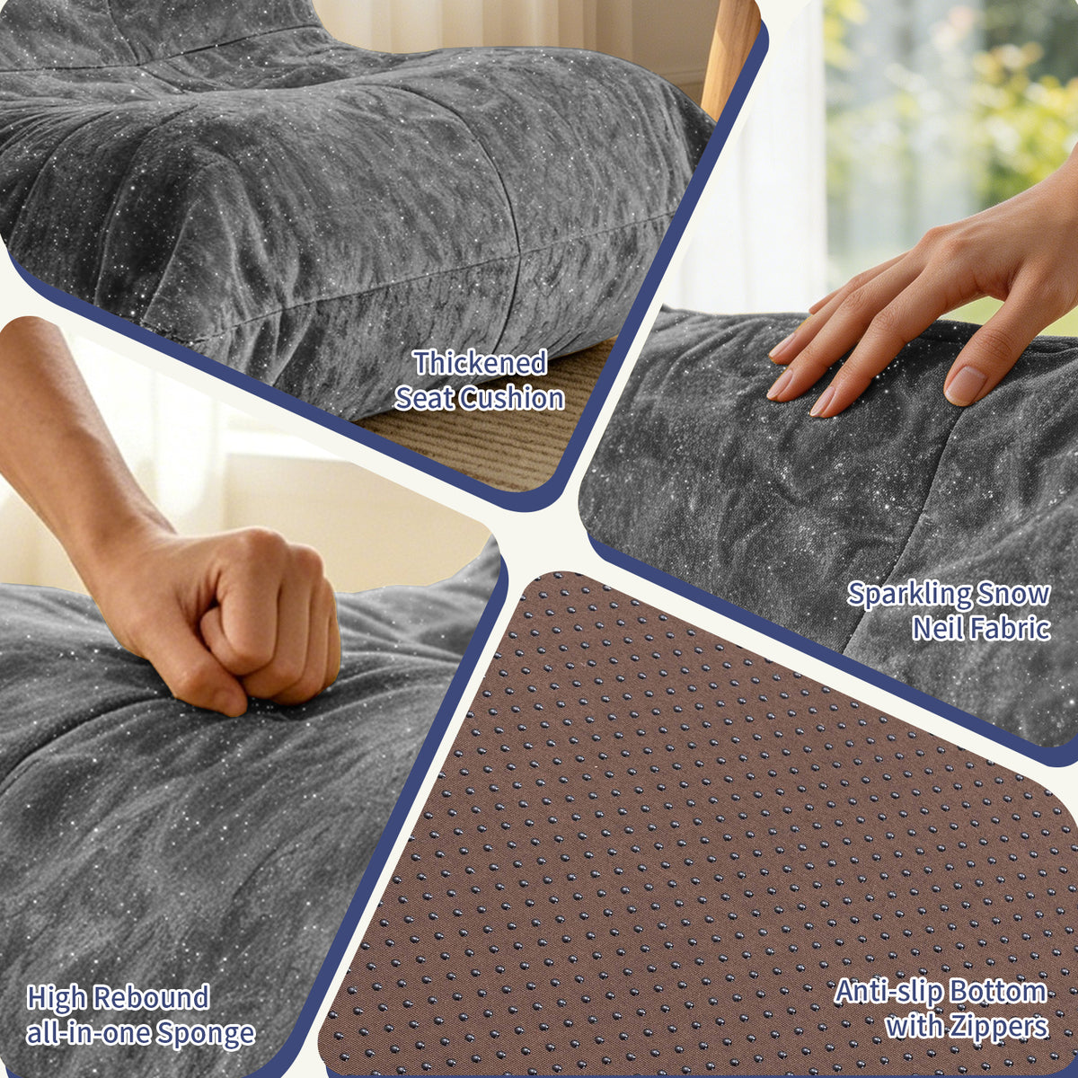 AEELLEEA Sparkling Chenille Bean Bag Chair, Ergonomic Lazy Sofa with Removable Cover & Anti-Slip Base