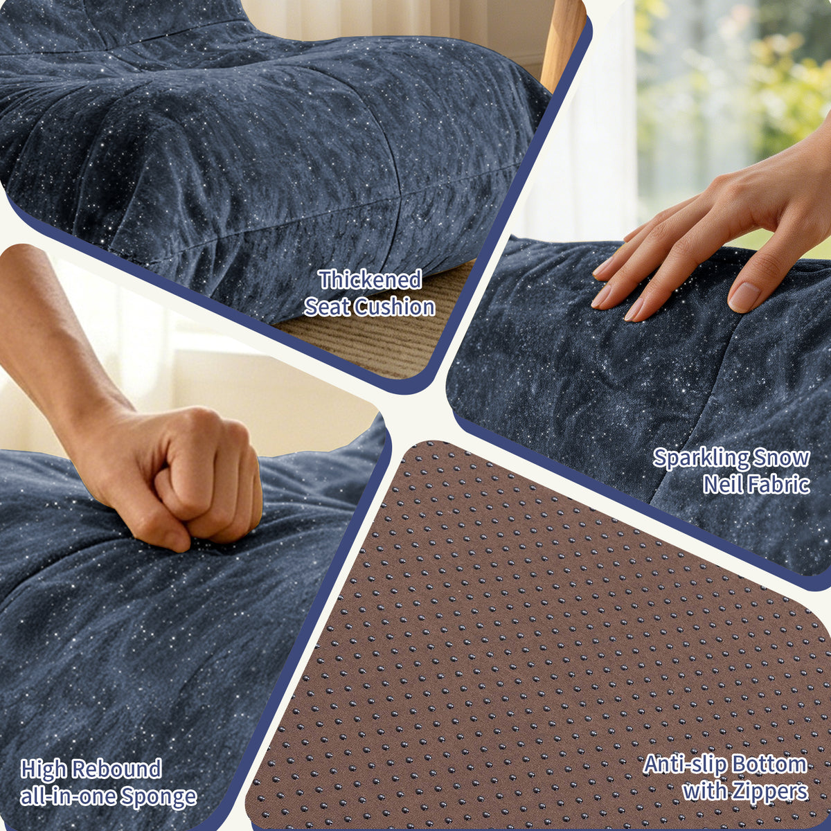 AEELLEEA Navy Blue Sparkling Chenille Bean Bag Chair, Ergonomic Lazy Sofa with Removable Cover & Anti-Slip Base