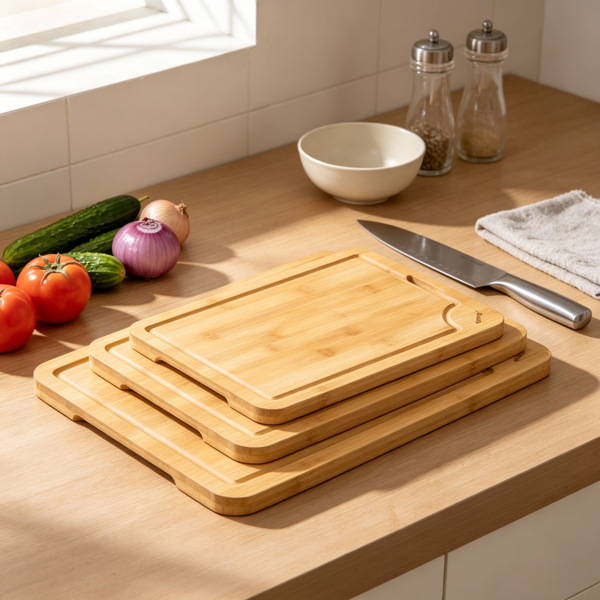3 Piece Bamboo Cutting Board Set with Juice Groove and Handles, Thick Wooden Chopping Boards for Kitchen Meat Vegetables Fruit Cheese