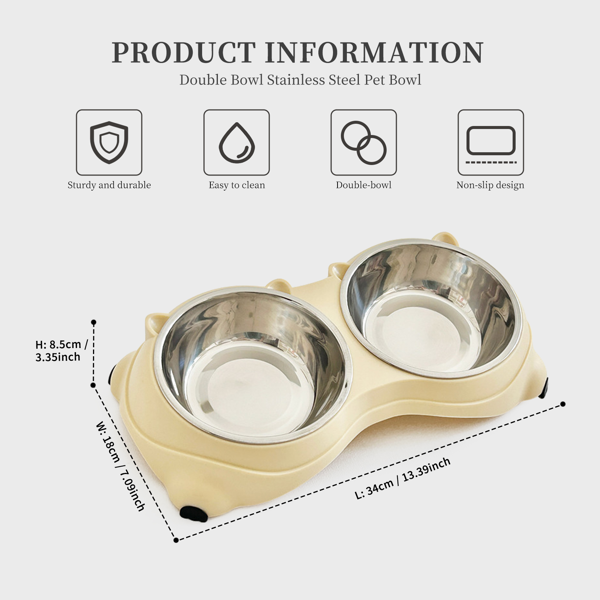 15° Tilted Double Stainless Steel Pet Bowls for Cats & Small Dogs, Non-Slip Food & Water Feeder - Beige