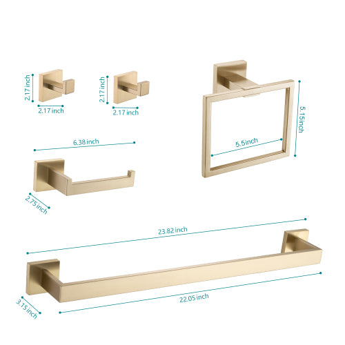 AEELLEEA 5-Piece Brushed Brass Bathroom Hardware Set, 23.82" Towel Bar Ring Toilet Paper Holder 2 Robe Hooks Wall Mount Kit