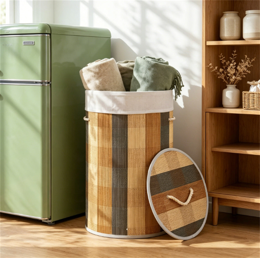 13.2 Gallon Bamboo Laundry Hamper with Lid, Collapsible Woven Clothes Basket with Side Handles & Removable Liner for Bathroom Nursery