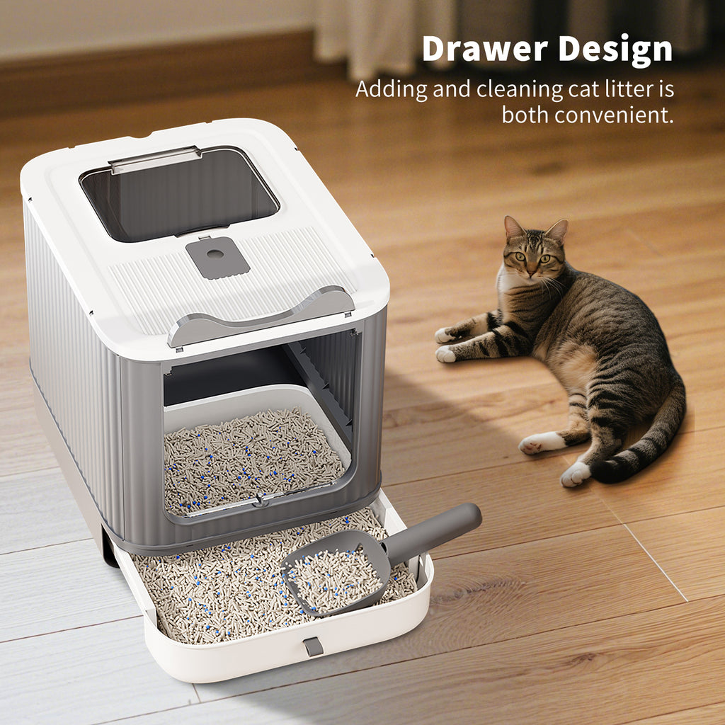 Foldable Enclosed Cat Litter Box with Drawer Tray, Top Exit & Front Entry, Litter Scoop, Gray and white, 19.69" x 13.78" x 13.78"