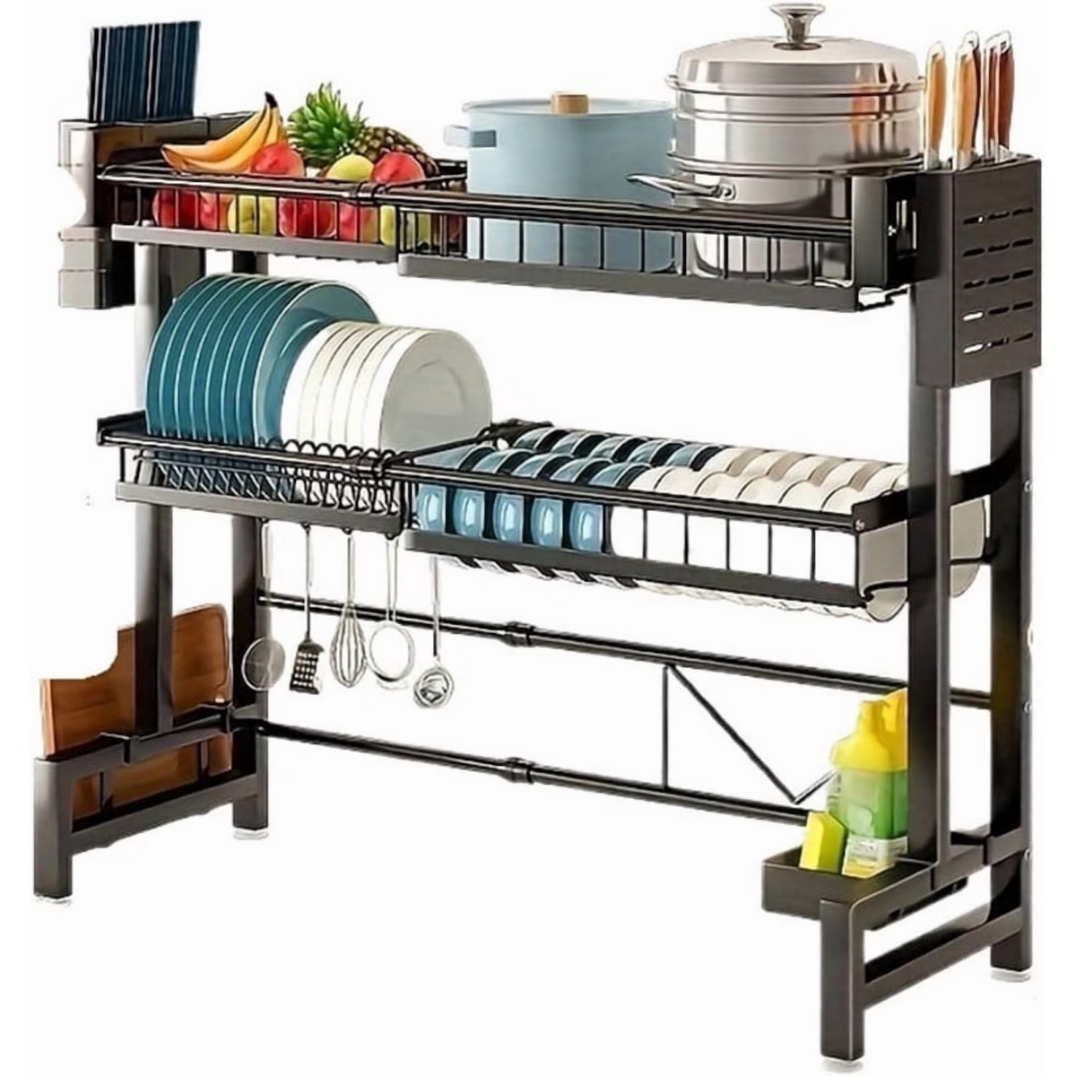 AEELLEEA-Over The Sink Dish Drying Rack, Telescopic 2 Tier Large Capacity Dish Rack, Kitchen Counter Storage Shelf for Plates Bowls Pots