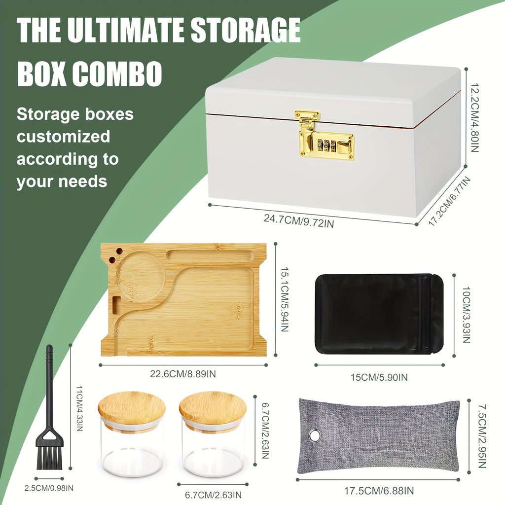 Premium Large Bamboo Box With Combination Lock Decorative Box For Home, Box Kit With Glass Jars And Organizer Tray - Storage Wood Box Accessories