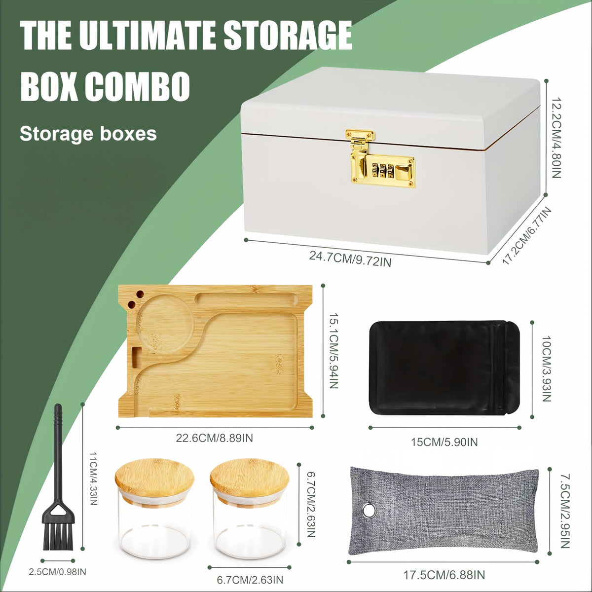 Premium Large Bamboo Box With Combination Lock Decorative Box For Home, Box Kit With Glass Jars And Organizer Tray - Storage Wood Box Accessories