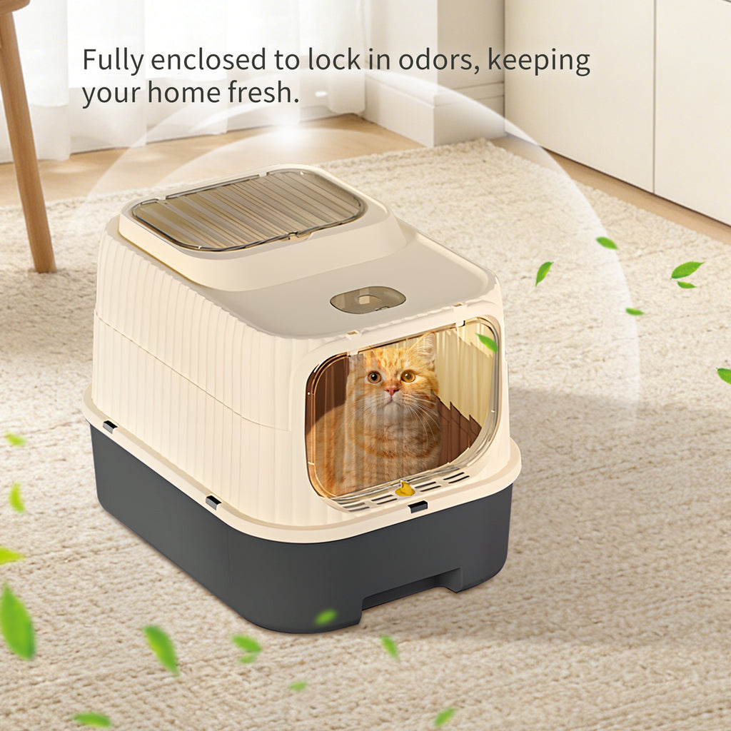 Enclosed Cat Litter Box with 2-Way Transparent Door and Litter Sifting Step, Removable Easy-Clean Design, Beige & BALCK