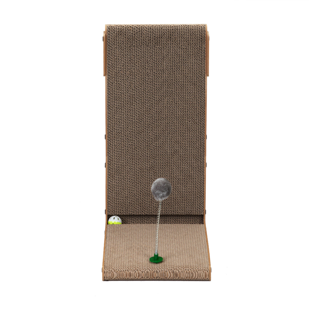 L-Shaped Cat Scratcher, Vertical Corrugated Cardboard Cat Scratching Board with Spring Plush Ball & Bell Toy, Protect Furniture Cat Scratch Pad