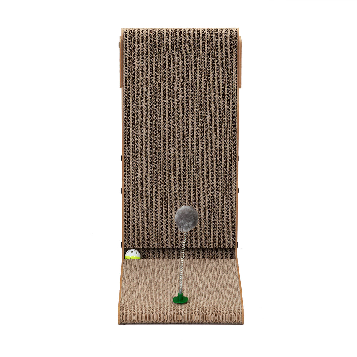 L-Shaped Cat Scratcher, Vertical Corrugated Cardboard Cat Scratching Board with Spring Plush Ball & Bell Toy, Protect Furniture Cat Scratch Pad
