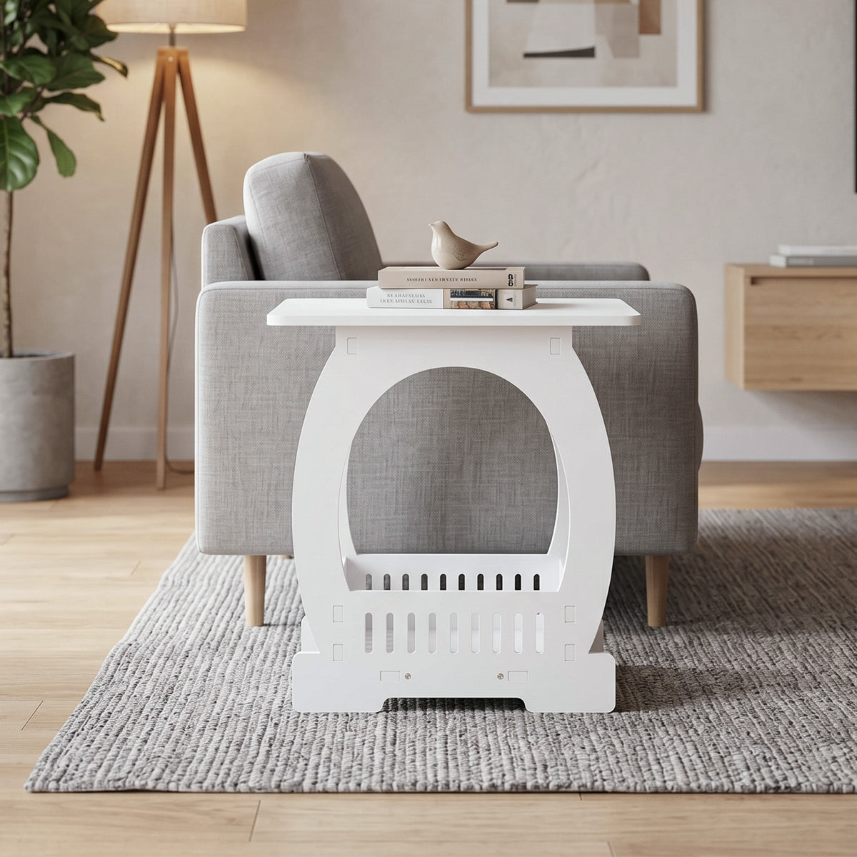 Side Table with Storage, Modern Arch Design End Table, White PVC Nightstand for Small Spaces, Indoor & Outdoor Accent Table