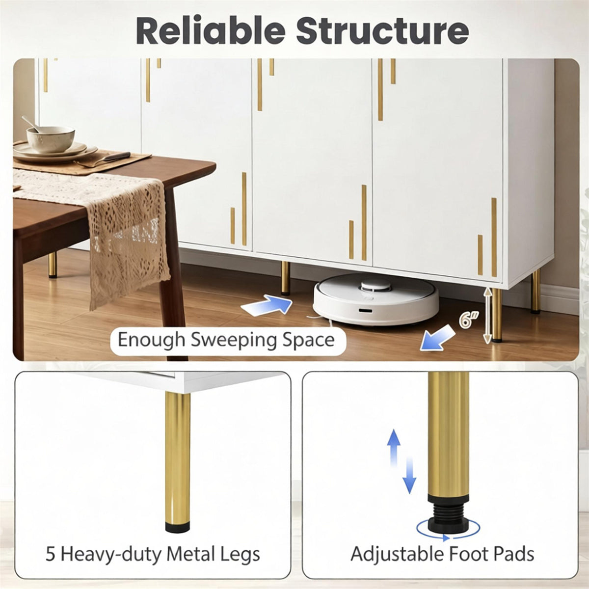 AEELLEEA 55"W White 4-Door Storage Sideboard Cabinet, 33"H Buffet Cabinet with Gold Metal Legs for Kitchen Dining Room