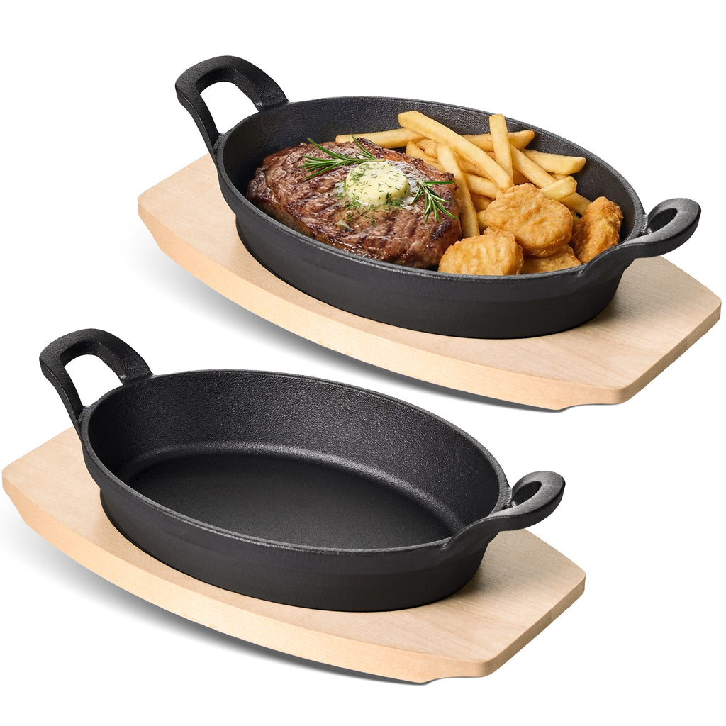 Oval Cast Iron Fajita Pan with Wooden Base, Double Handles, Individual Baking Dish for Steak, Casserole, Bakeware Set, Available in 2 Pack & 4 Pack