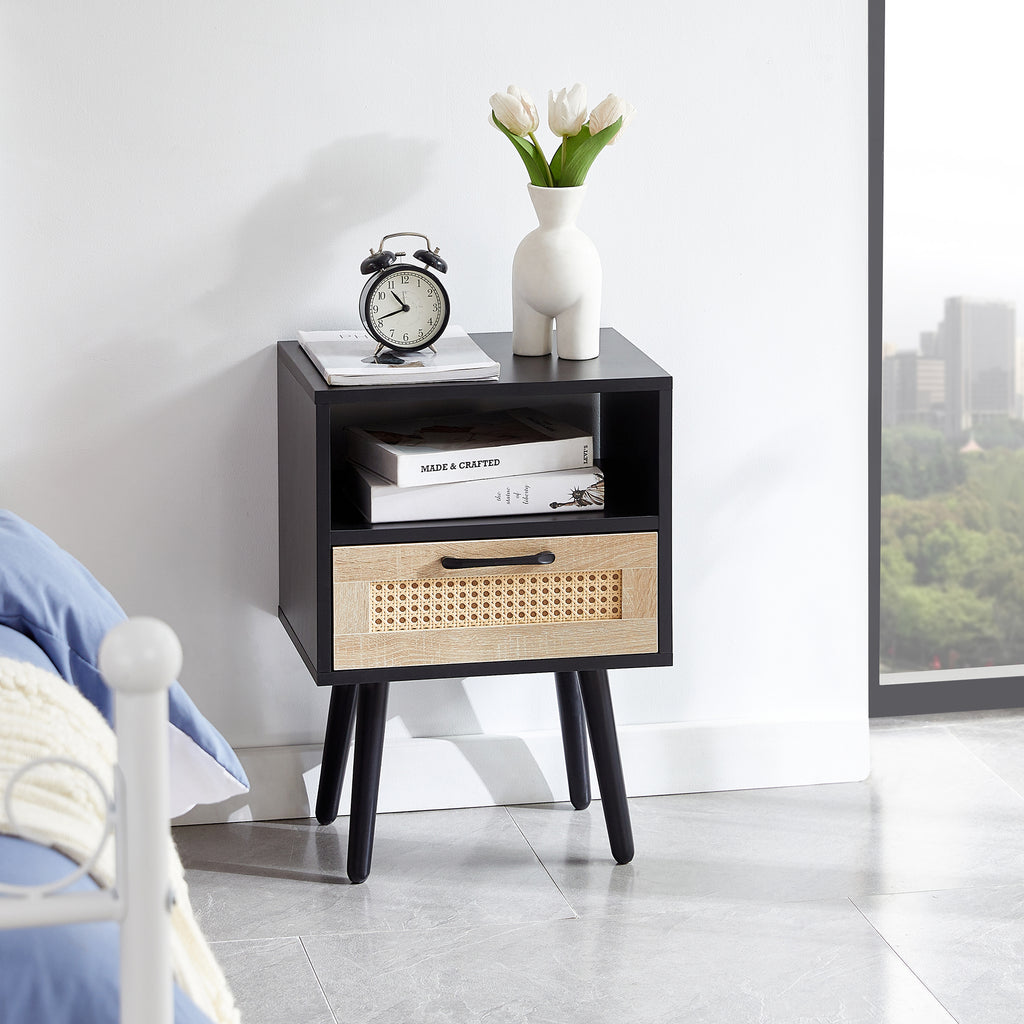 AEELLEEA- Black Rectangle Side Table, MDF Frame with Solid Wood Legs & Rattan Accent, 120 lbs Weight Capacity
