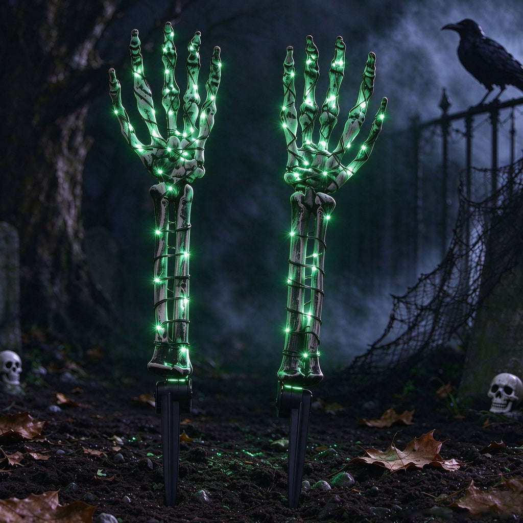 2 Pack Halloween Skeleton Arm Stake Lights, LED Lighted Skeleton Hand Yard Decor for Outdoor Graveyard Garden Halloween Decorations