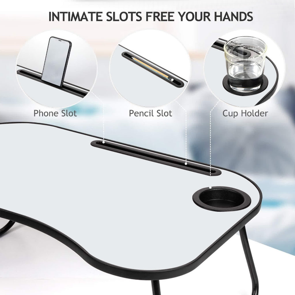 AEELLEEA- Foldable Wooden Laptop Desk, Portable Bed Tray Table with Cup Holder, Smooth Surface Lap Desk for Working