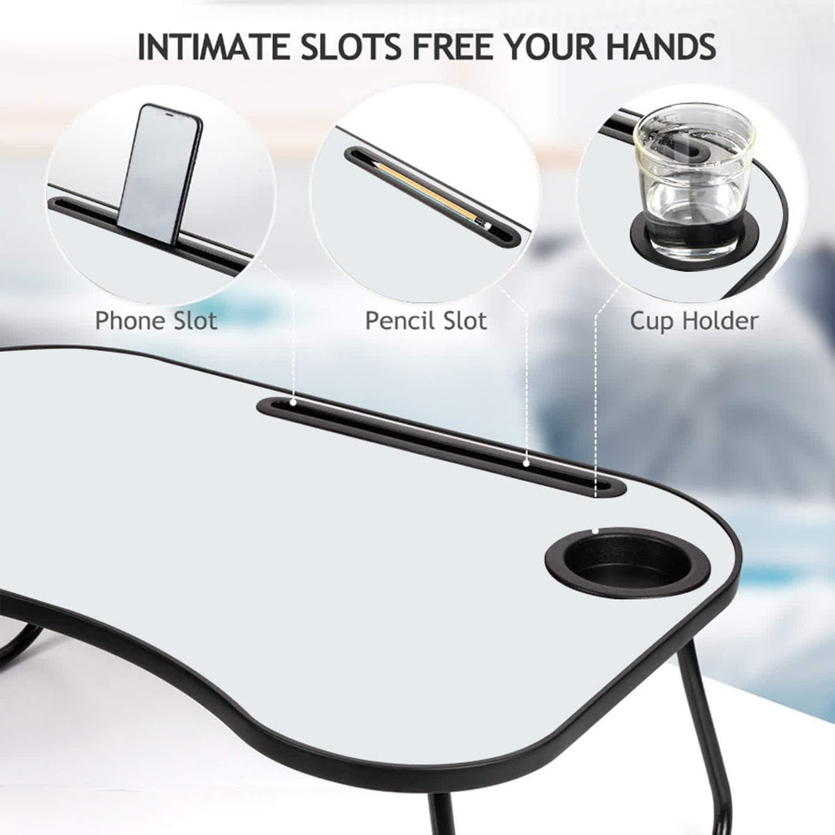 AEELLEEA- Foldable Wooden Laptop Desk, Portable Bed Tray Table with Cup Holder, Smooth Surface Lap Desk for Working