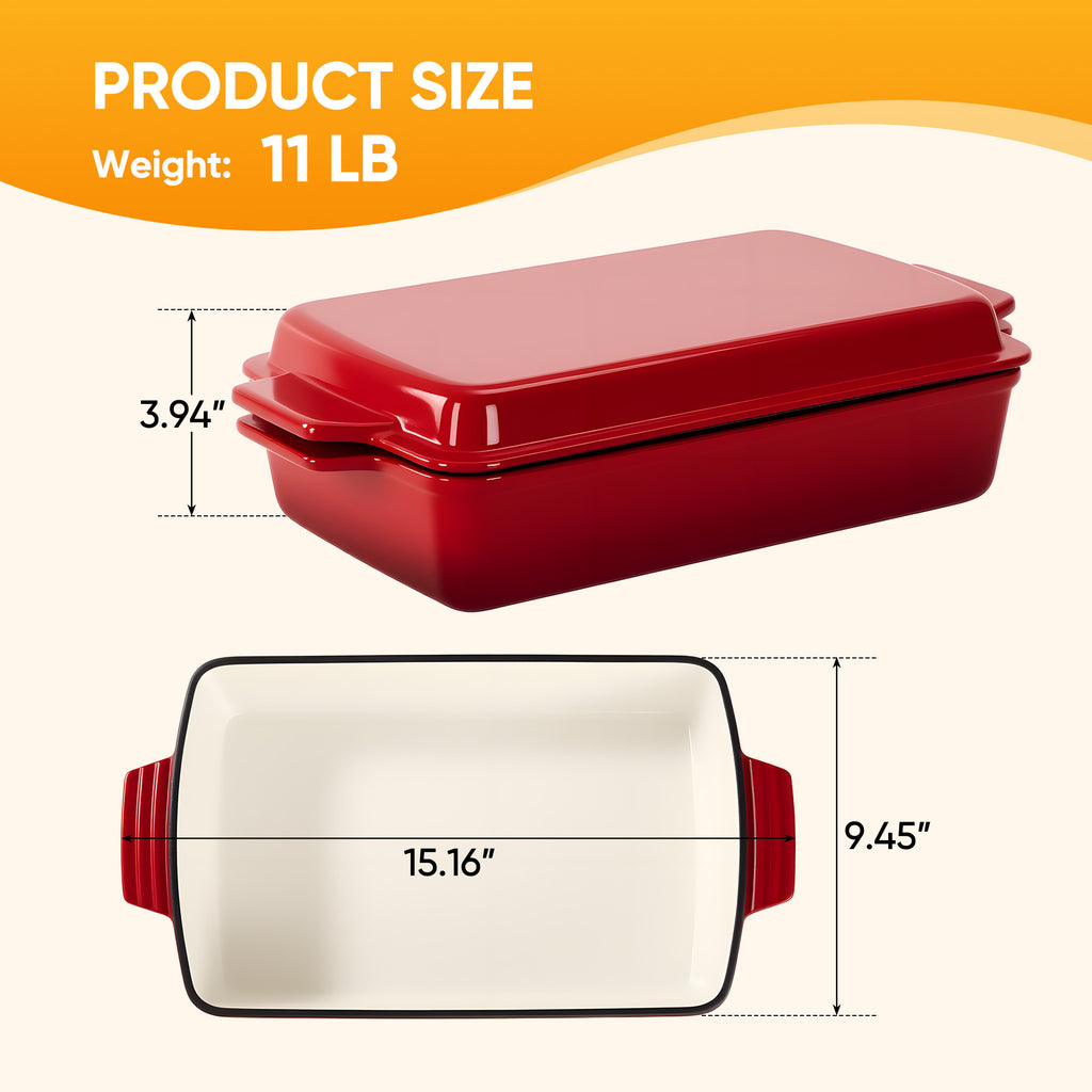 Enameled Cast Iron Rectangular Casserole Dish with Lid, Red & Blue Available, Heavy-Duty Bakeware for Braising, Roasting & Baking