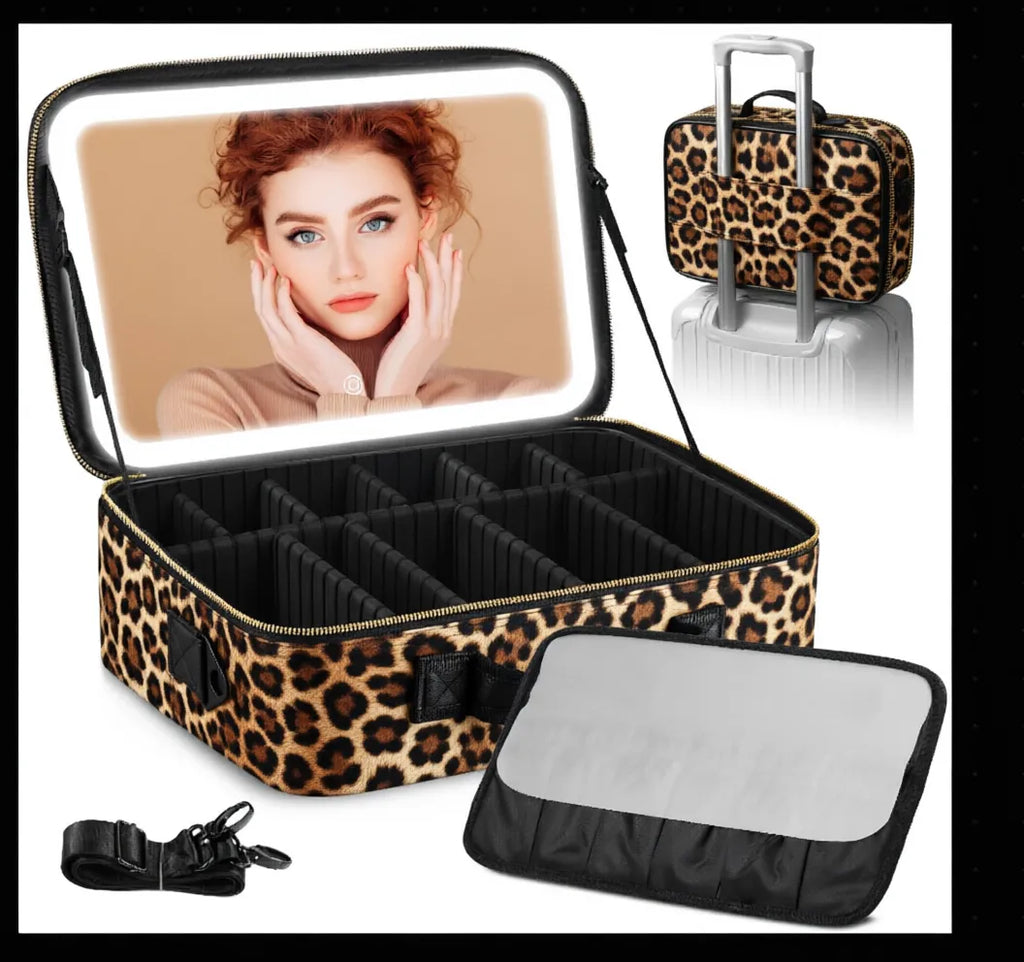 15" Lighted Makeup Organizer 3Color Mirror Adjustable Dividers Travel Ready