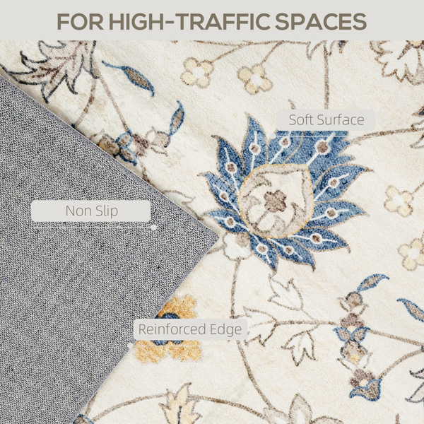 AEELLEEA Vintage Floral Area Rug, Blue and Ivory, Low-Profile Non-Slip Rug, 6 x 4 ft