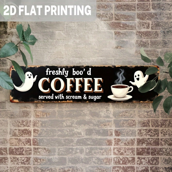 Halloween Metal Tin Sign, Funny "Boo'd Coffee" Ghost Pumpkin Wall Decor for Home Coffee Bar Party, 3.93×15.74 Inch