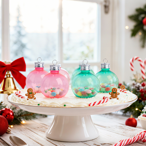 12ct Fillable Christmas Ornament Balls, 5oz Plastic Bulb Containers with Hanging Loops, Pink & Green Tree Decor and Stocking Stuffers